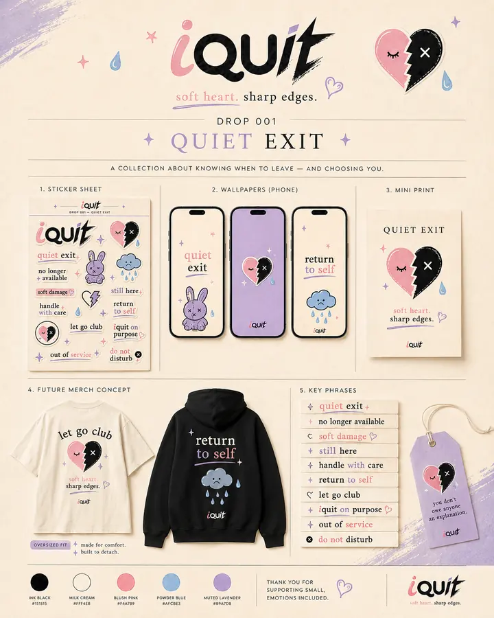 iquit Drop 001 collection board showing sticker sheet, phone wallpapers, mini print, future merch, phrases, and colors