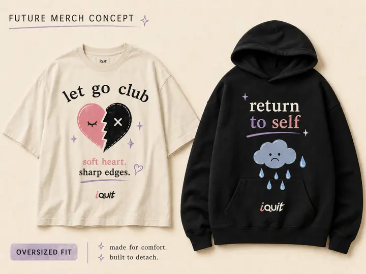 Future iquit merch concept showing a cream Let Go Club T-shirt and black Return to Self hoodie