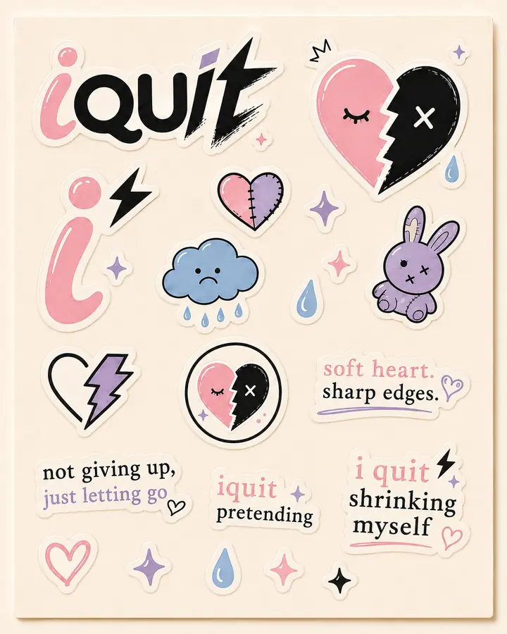 iquit sticker sheet concept with wordmark, broken hearts, cloud, bunny, and emotional phrases