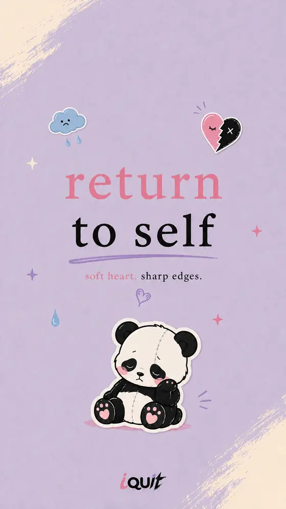 Return to Self phone wallpaper with a stitched sad panda on a lavender background