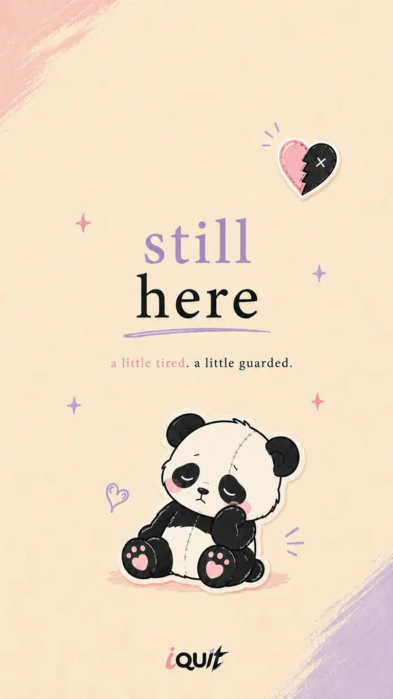 Still Here phone wallpaper with a stitched sad panda on a cream background